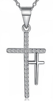 COLLIER DOUBLE CROIX RELIGIEUSE ARGENT ZIRCONIUM