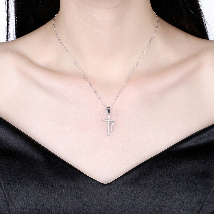 COLLIER DOUBLE CROIX RELIGIEUSE ARGENT ZIRCONIUM