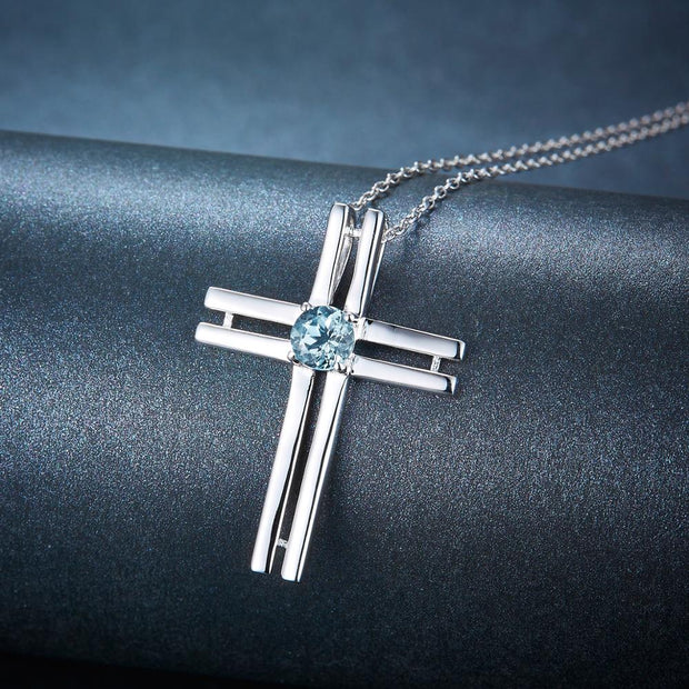 PENDENTIF CROIX POUR FEMME EN ARGENT ET CRISTAL BLEU